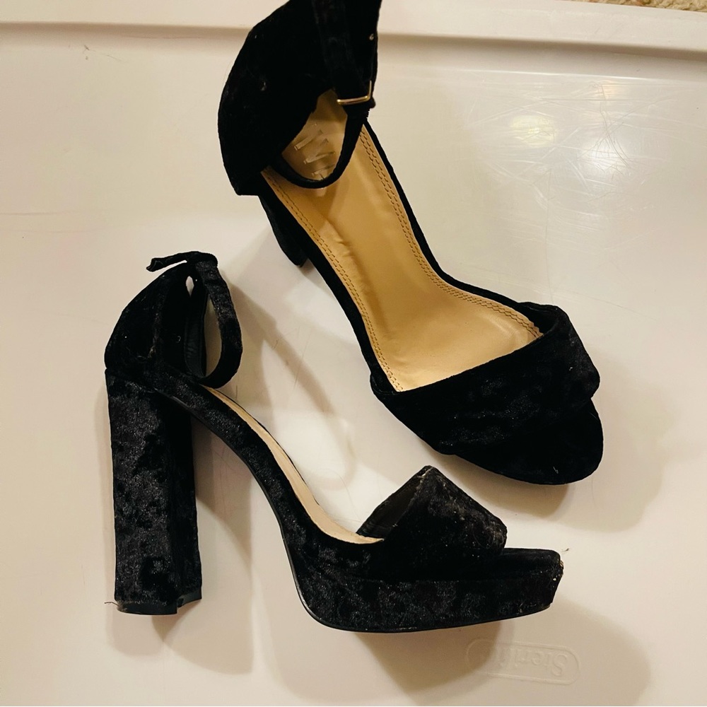 Black velvet platform block heal sandals